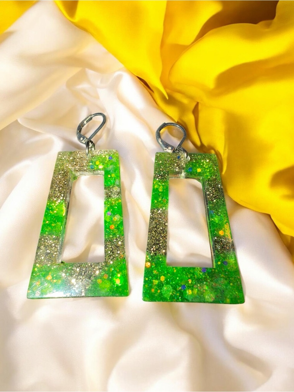 Handmade Green & Silver Glitter Resin Geometric Statement Earrings
